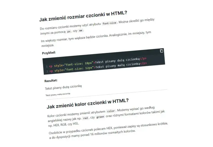 Jak zmienić czcionkę HTML? Przykład kodu pokazuje, jak ustawić rozmiar tekstu na 18px i 12px.
