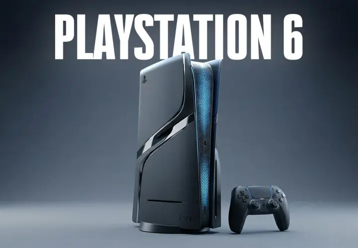 Futurystyczna konsola PlayStation 6 z niebieskimi akcentami i kontrolerem.