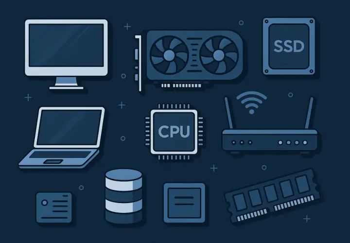 Komponenty komputera: monitor, laptop, karta graficzna, CPU, SSD, router, RAM. Idealne, by wybrać jaki komputer do VR.
