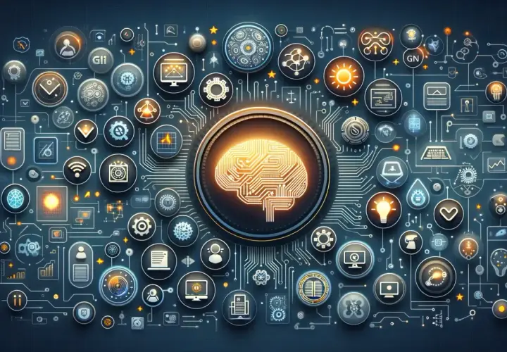 Centralny element to świecący, cyfrowy mózg, symbolizujący, co to jest generatywna sztuczna inteligencja. Otaczają go ikony technologii i danych.