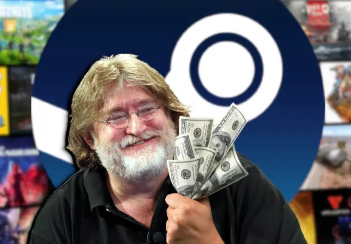 Gabe Newell z kupką dolarów, w tle logo Steam i okładki fajne gry na Steam.