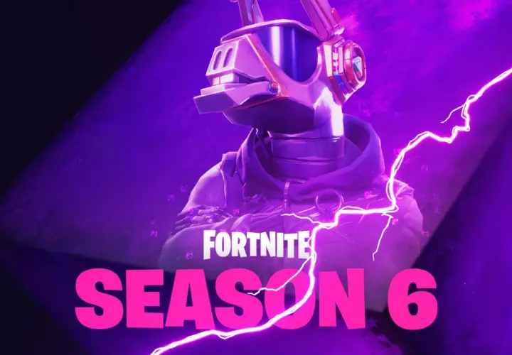 Postać w hełmie z goglami, otoczona fioletowymi błyskawicami. Napis "FORTNITE SEASON 6" w neonowych barwach.
