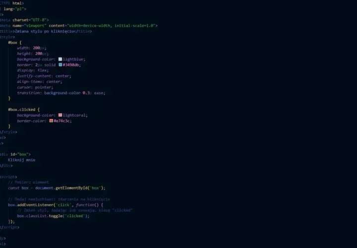 Kod HTML i CSS z przykładem interakcji: javascript ile html yazdırma zmienia styl elementu po kliknięciu.