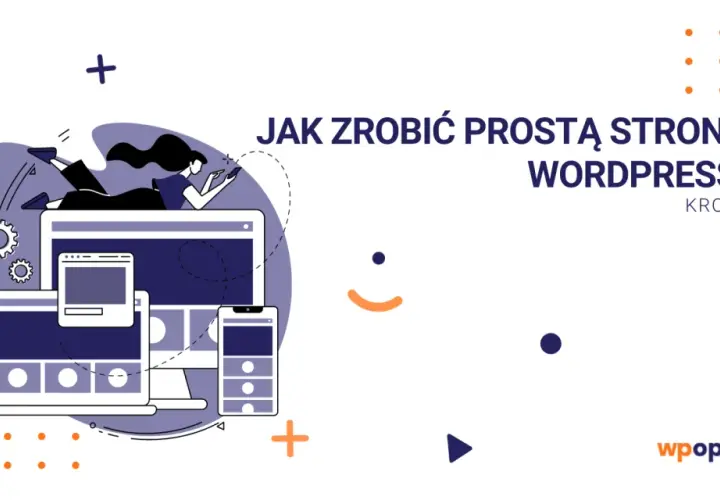 Ilustracja pokazuje, jak opublikować stronę WordPress. Kobieta leży na ekranie komputera, korzystając z telefonu.