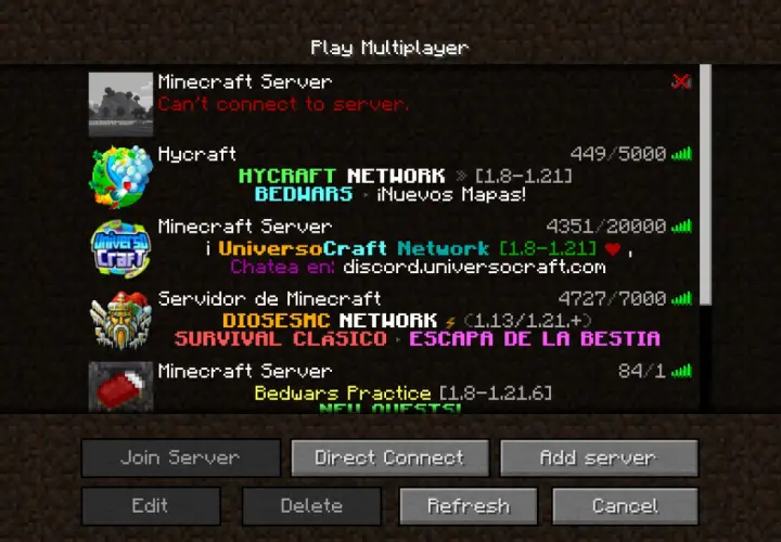 Lista serwerów Minecraft, w tym Hycraft i UniversoCraft. Brak wpisu Hypixel IP, ale można dodać nowy serwer.