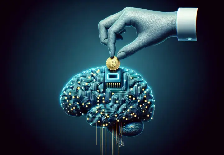 Dłoń wkłada monetę Bitcoin do cyfrowego mózgu, symbolizując, jak inwestować w sztuczną inteligencję i przyszłość technologii.