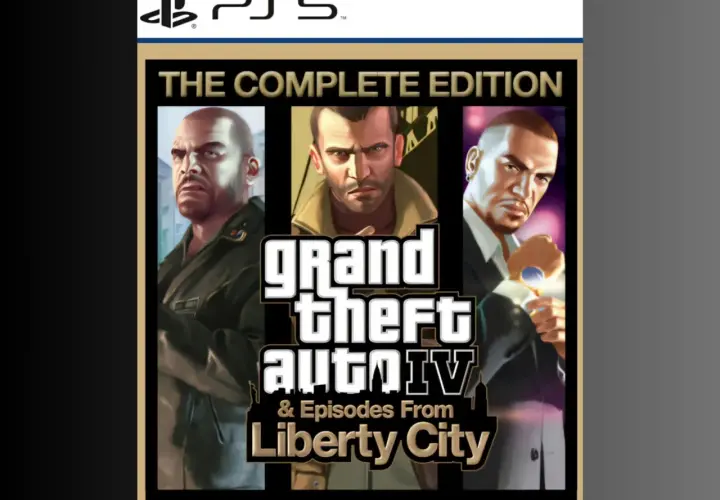 Okładka gry Grand Theft Auto IV: The Complete Edition na PS5. Trzech bohaterów, Niko, Johnny i Luis, patrzy wprost na widza.