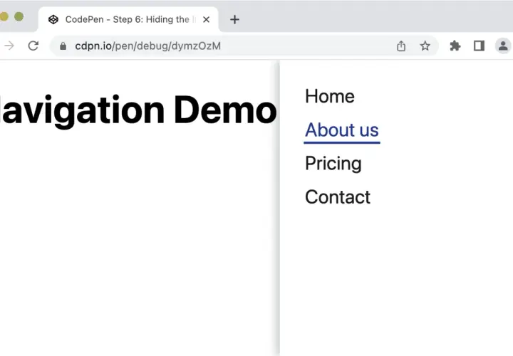 Strona "Navigation Demo" z menu: Home, About us, Pricing, Contact. Pokazuje, jak zrobić kotwicę HTML.