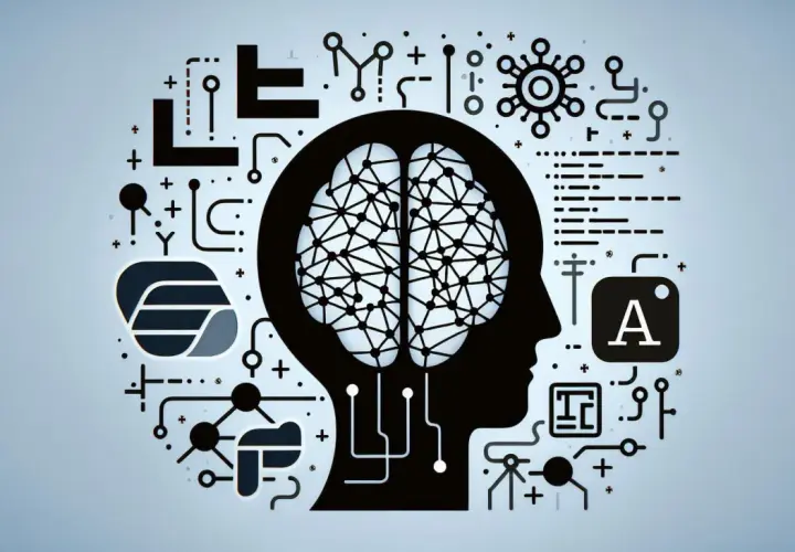 Grafika przedstawia sylwetkę głowy z mózgiem, otoczoną symbolami technologicznymi i naukowymi. Zastanawiasz się, jaki język programowania do sztucznej inteligencji wybrać?