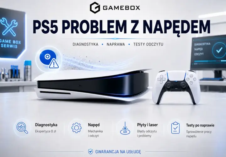 Konsola PS5 z problemem napędu. Serwis Gamebox oferuje diagnostykę, naprawę i testy odczytu.