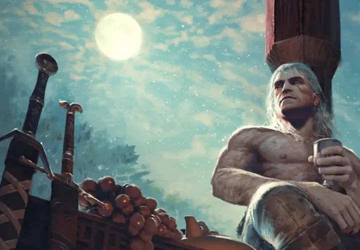 Geralt z Rivii, z kielichem w dłoni, odpoczywa pod księżycem. Obok niego dwa miecze, winogrona i dzbanek. Zapowiedź wiedźmin 3 nowy dodatek.
