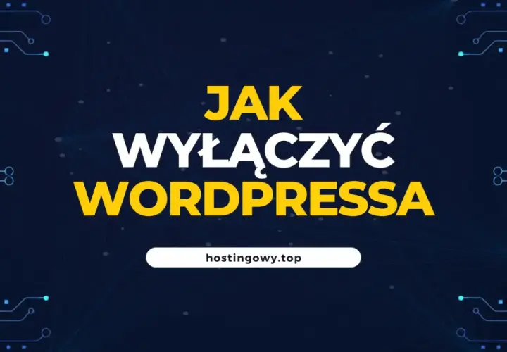 Jak wyłączyć stronę WordPress? Grafika z tekstem i elementami przypominającymi obwody drukowane.