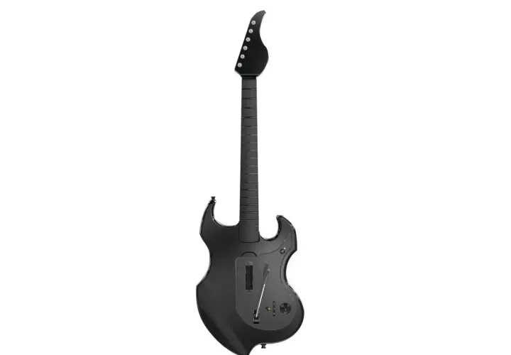 Czarna gitara kontroler do gry Guitar Hero na PS5, gotowa do rockowych riffów.