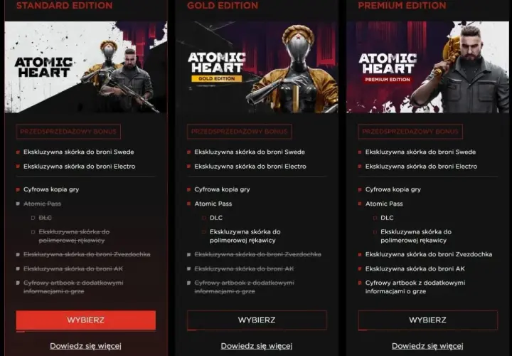 Porównanie edycji Atomic Heart: Standard, Gold i Premium. Edycja Gold i Premium zawierają Atomic Pass, cyfrową kopię gry i bonusy.