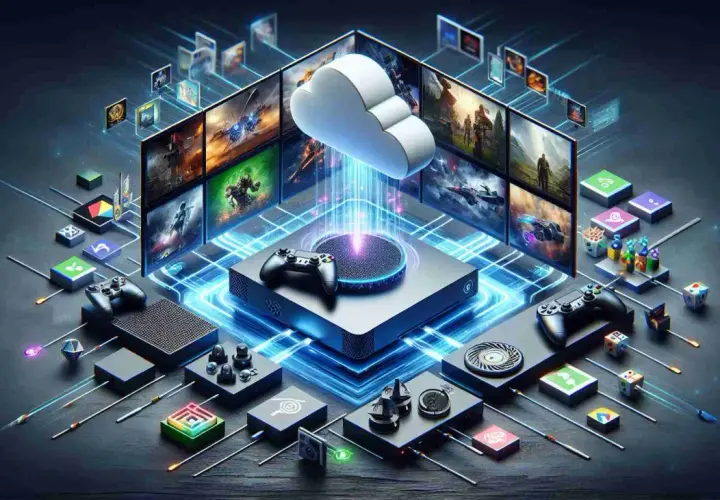 Konsola Xbox i kontrolery otoczone ekranami z grami, symbolizujące **xbox granie w chmurze**. Chmura wysyła strumień danych do konsoli.