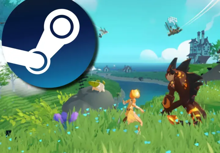 Logo Steam na tle kolorowej gry z postaciami przypominającymi pokemony, w tym walczący potwór i dziewczyna.