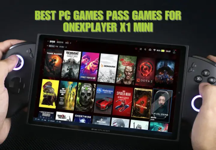 Ręce trzymają przenośną konsolę z widoczną listą gier na PC. To świetna game pass pc lista gier na OneXPlayer X1 Mini.