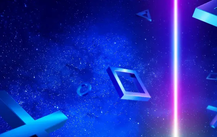 Gwieździste niebo z symbolami PlayStation. Trójkąt, kwadrat, kółko i krzyżyk unoszą się w kosmosie, a między nimi rozbłyska neonowy promień.