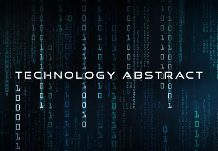 Cyfrowy deszcz zer i jedynek, jak przelozyc zdanie na system binarny. Napis "TECHNOLOGY ABSTRACT" w centrum.