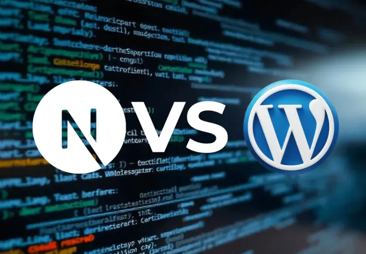 Porównanie: logo Next.js vs WordPress na tle kodu. Który CMS czy HTML wybrać?