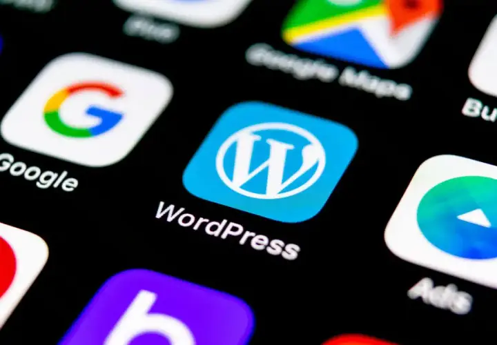Ikona WordPress na ekranie smartfona, obok Google. Wybór między Webflow czy WordPress dla Twojej strony?