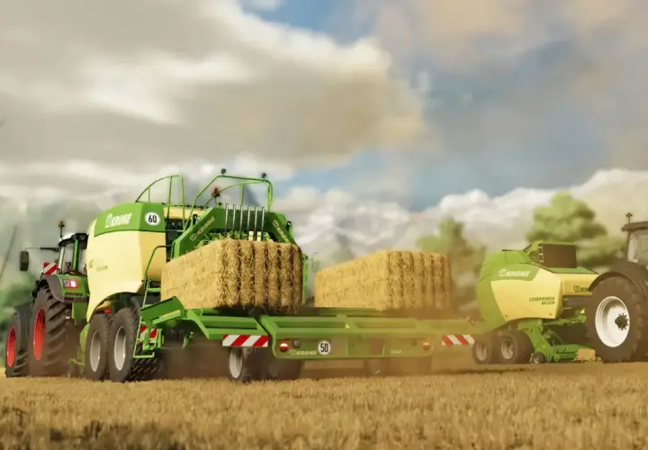 Traktor z przyczepą prasuje słomę. Wirtualni gracze mogą cieszyć się wspólną rozgrywką dzięki farming simulator 22 crossplay.