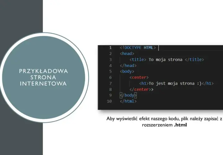 Przykładowa strona internetowa HTML na informatykę: kod z nagłówkiem i tekstem. Zapisz plik z rozszerzeniem .html.