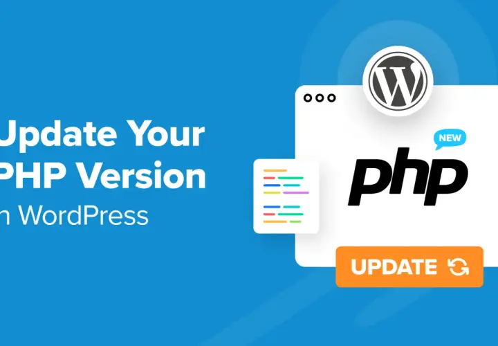 Jak zaktualizować PHP w WordPress? Grafika pokazuje logo WordPress, napis "php" z etykietą "NEW" i przycisk "UPDATE".