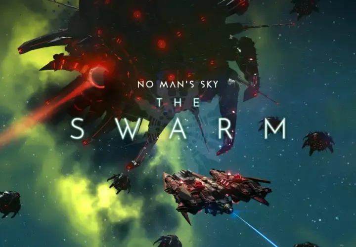 No Man's Sky aktualizacja "The Swarm" - ogromny statek kosmiczny i roje mniejszych jednostek w kosmicznej bitwie.
