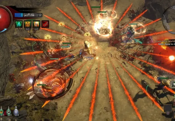 Intensywna walka w Path of Exile po polsku. Postać walczy z hordą wrogów, używając ognistych zaklęć.