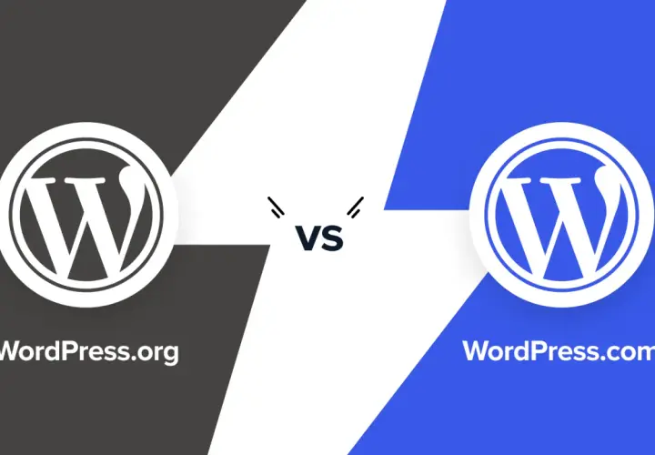 Porównanie WordPress.org i WordPress.com. Dwa logotypy WordPress z napisami.