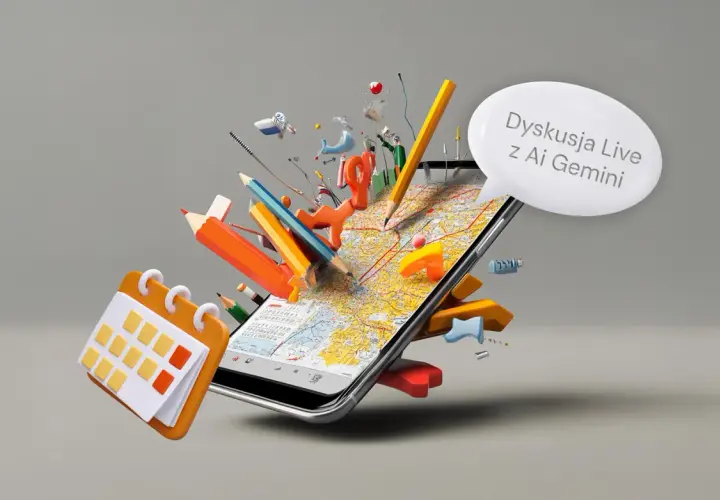 Telefon z mapą i ikonami symbolizującymi naukę. Dyskutuj z Ai Gemini, poznaj co to jest sztuczna inteligencja w telefonie.