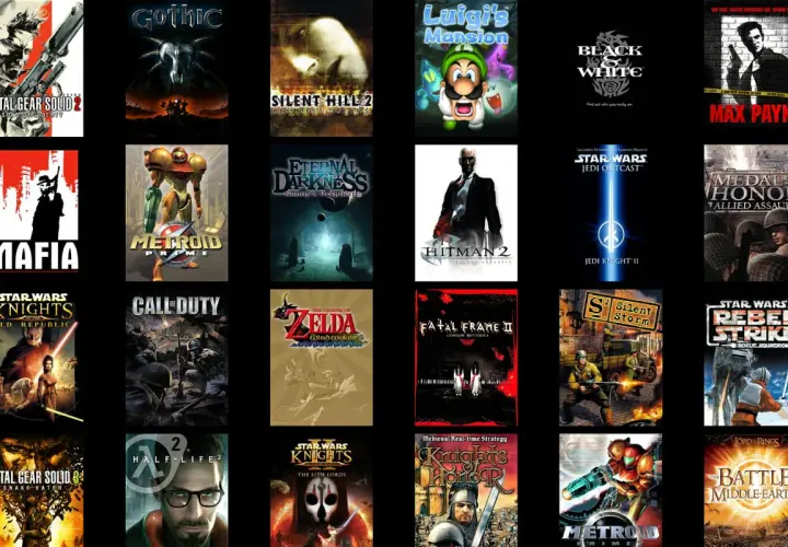 Kolekcja okładek gier PC, w tym Metal Gear Solid, Mafia, Zelda, Star Wars i inne, tworząca listę top 100 gier PC.