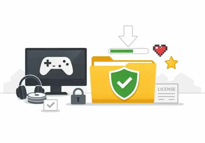 Komputer z padem, słuchawki, płyty, kłódka i folder z tarczą symbolizują bezpieczne pobieranie **free gry na Steam**.