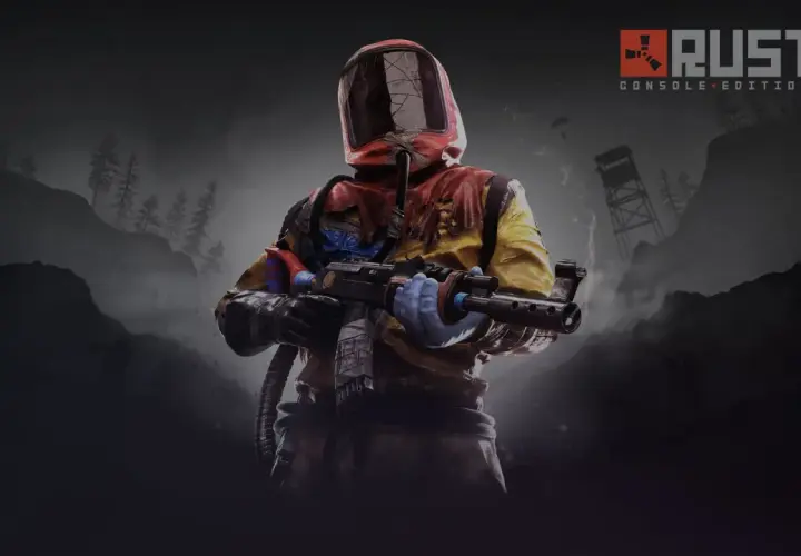 Postać w kombinezonie z bronią, gotowa do walki w świecie Rust. Ciesz się możliwością **Rust crossplay** na konsolach!