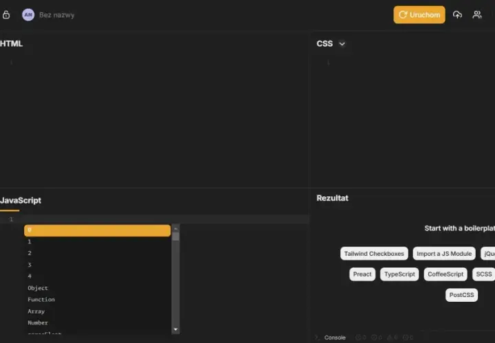 Edytor kodu online, gdzie pisać HTML, CSS i JavaScript. Widoczny panel z opcjami i podgląd wyników.