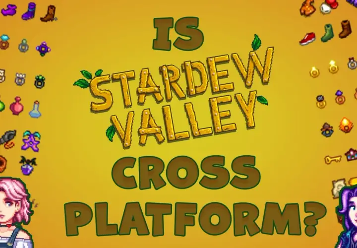 Czy Stardew Valley cross platform? Grafika przedstawia ikony przedmiotów z gry i pytanie o możliwość wspólnej gry między platformami.