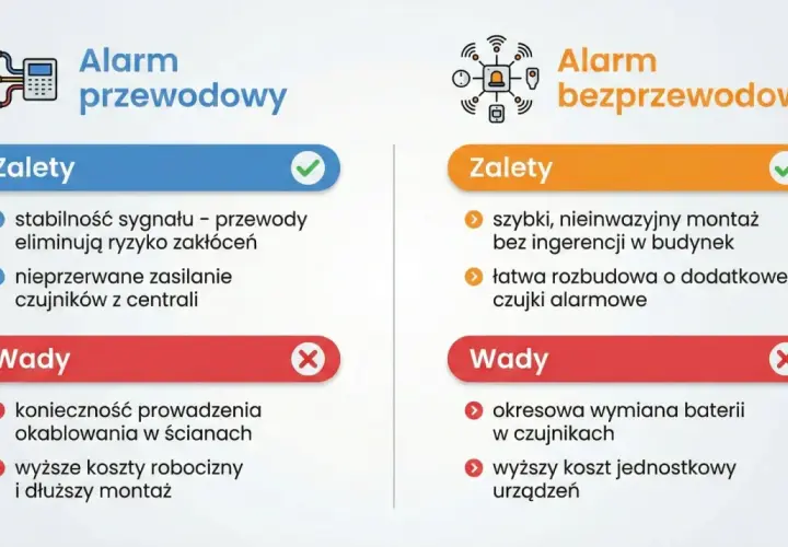 Porównanie alarmów: przewodowy (stabilny, zasilany z centrali) vs bezprzewodowy (szybki montaż, łatwa rozbudowa). Dowiedz się, jak uzbroić alarm w domu.