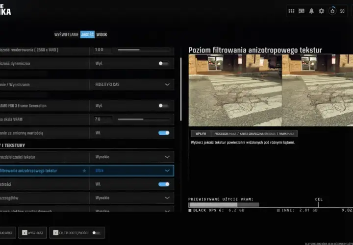 Ustawienia grafiki w Warzone na PS5: Poziom filtrowania anizotropowego tekstur ustawiony na Ultra.
