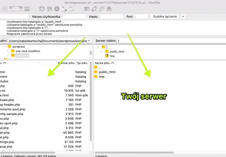 FileZilla pokazuje, jak zainstalować WordPress na serwerze, przesyłając pliki do katalogu public_html.