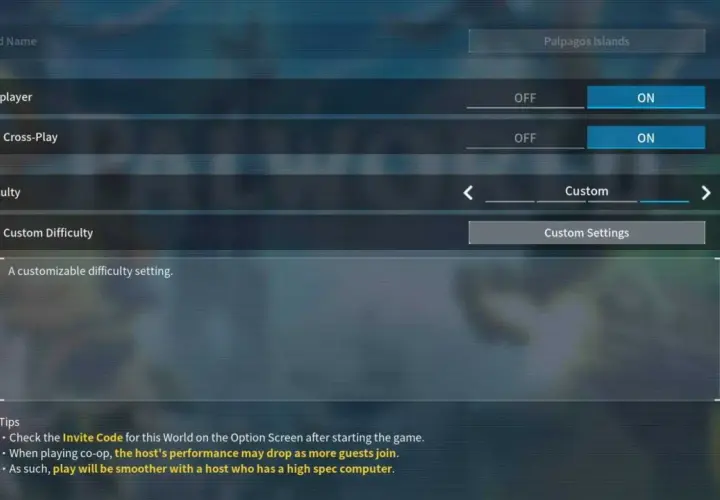 Ustawienia gry Palworld: włączony multiplayer i crossplay, trudność niestandardowa.