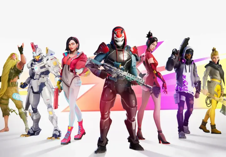 Postacie z gry, w tym zbroja robota i wojowniczka z młotem, gotowe do walki w sezonie 9 Fortnite.