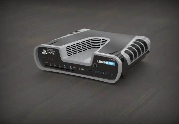 Nietypowy ps5 dev kit z licznymi portami i wskaźnikami, prototyp dla deweloperów.