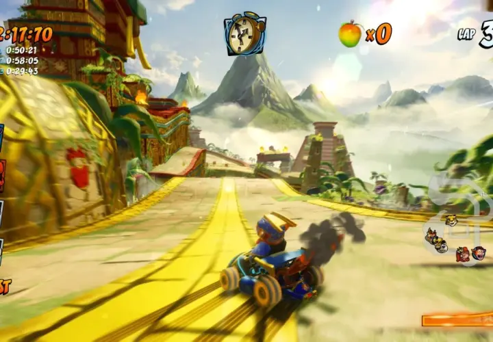 Wyścig w grze Crash Team Racing na PC. Crash Bandicoot prowadzi na 1. miejscu, wyprzedzając rywali na malowniczej trasie.