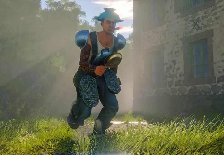 Bohater w nietypowym stroju, z patelnią i gofrownicami, biegnie przez trawę. To jego sposób na zwycięstwo w Cuisine Royale.