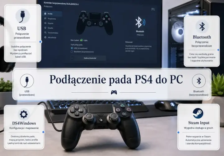 Podłączanie pada PS4 do PC: USB (przewodowo) dla stabilności, Bluetooth (bezprzewodowo) dla swobody. DS4Windows i Steam Input ułatwiają grę.
