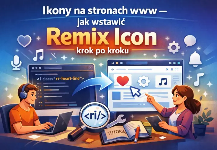 Ilustracja pokazuje, jak dodać ikonę strony html. Dwie osoby pracują przy komputerach, a na ekranach widać kod i gotową stronę z ikonami.