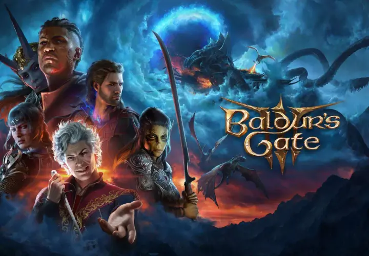 Postacie z Baldur's Gate 3 na tle burzowych chmur i smoków. Gra dostępna w ramach Game Pass.