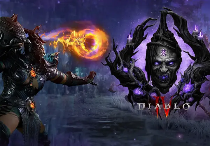 Postać z Diablo 4 nowy sezon rzuca zaklęcie ognia. Obok przerażająca twarz w koronie z gałęzi i logo gry.