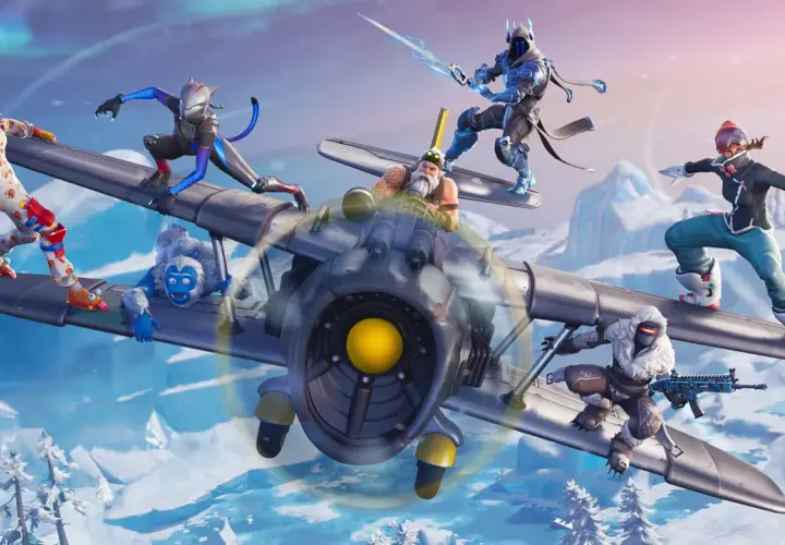 Postacie z Fortnite na samolocie, jakby świętowały ile jest sezonów w Fortnite. W tle zimowy krajobraz.